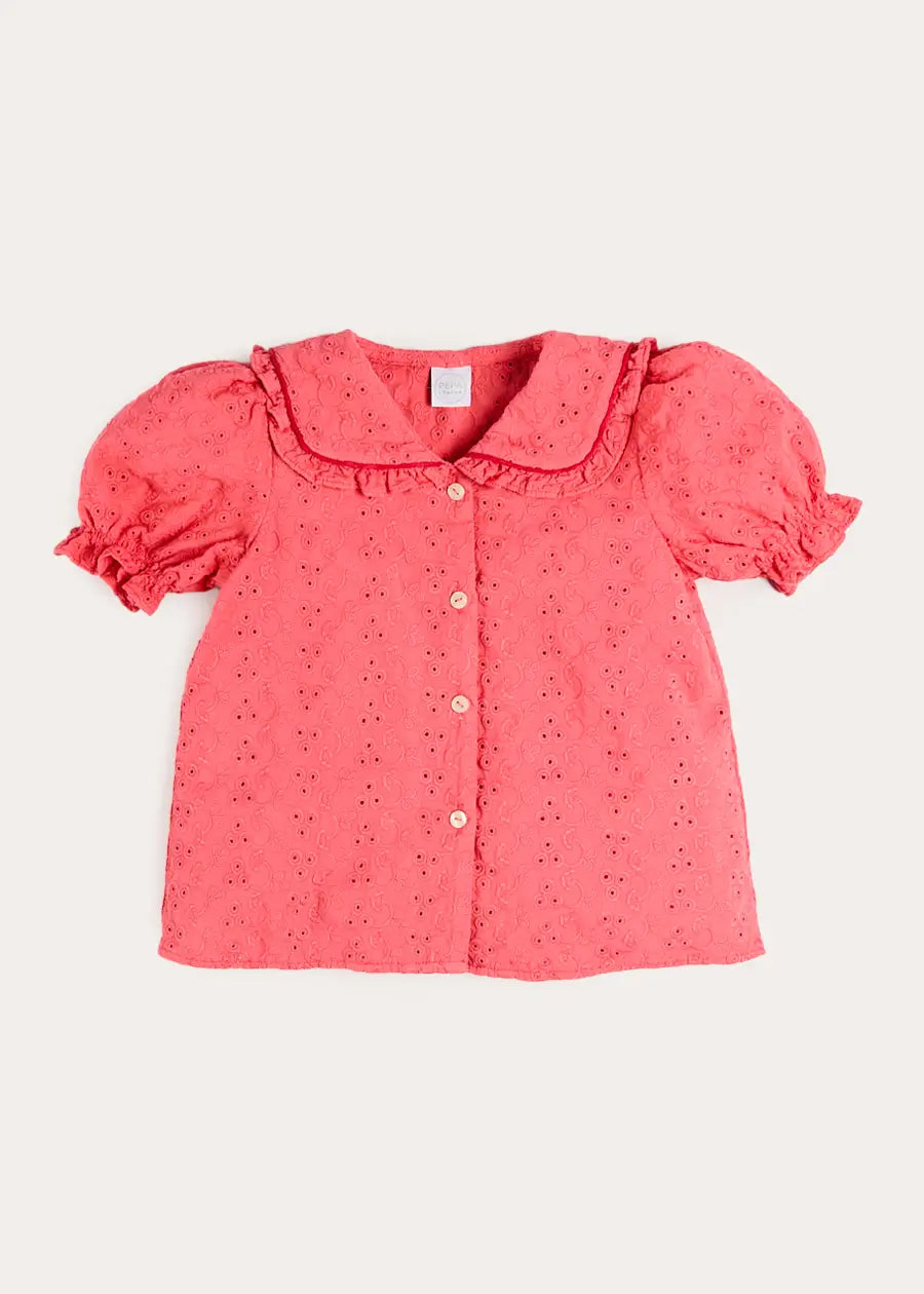 Broderie Anglaise Mariner Collar Blouse in Strawberry (4-12yrs) BLOUSES from Pepa London US