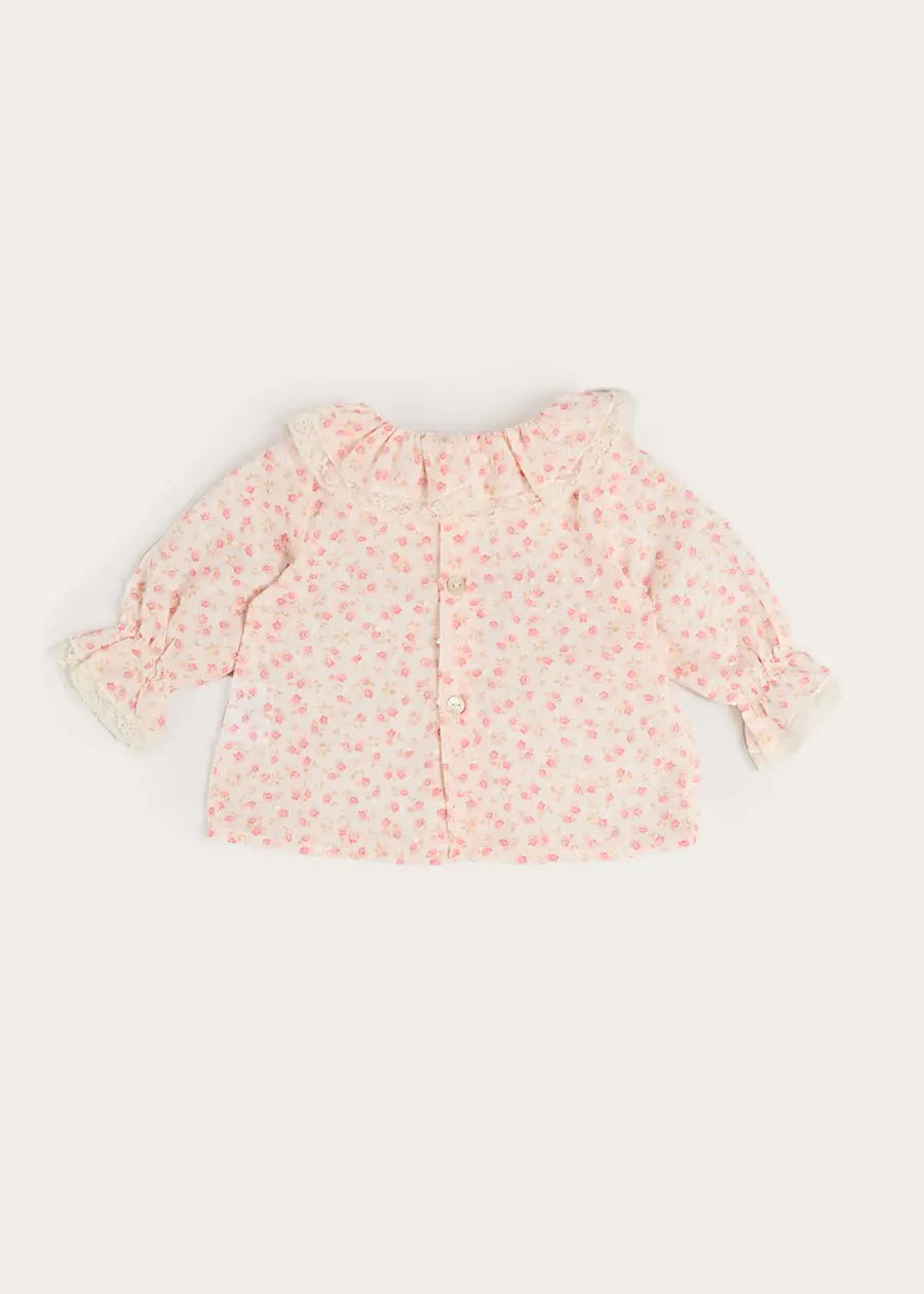 Martha Floral Ruffle Collar Lace Trim Long Sleeve Blouse in Pink (1mth-12mths) Blouses from Pepa London US