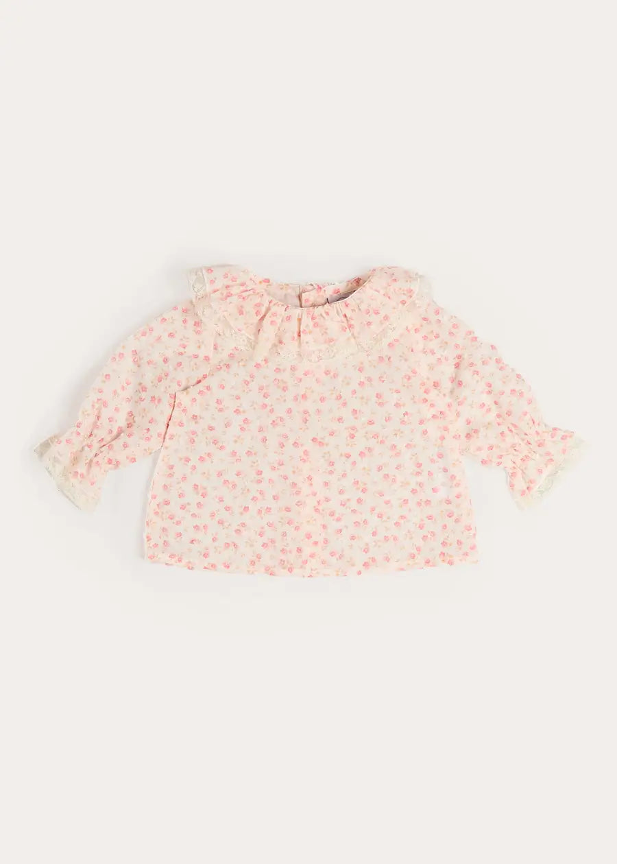 Martha Floral Ruffle Collar Lace Trim Long Sleeve Blouse in Pink (1mth-12mths) Blouses from Pepa London US
