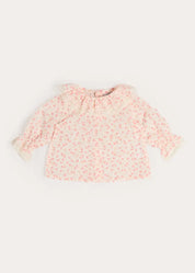 Martha Floral Ruffle Collar Lace Trim Long Sleeve Blouse in Pink (1mth-12mths) Blouses from Pepa London US