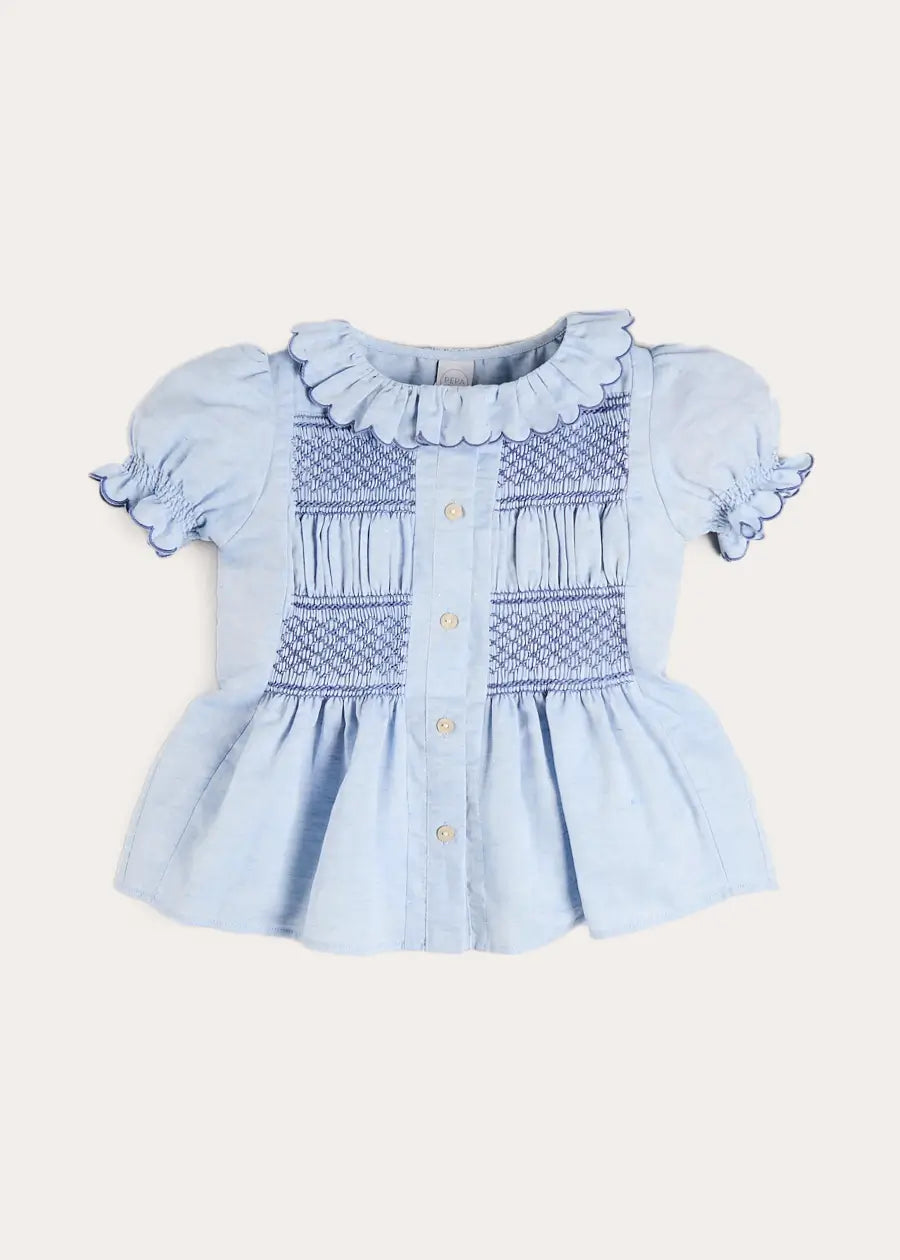 Smocked Peplum Scallop Collar Blouse in Blue (2-12yrs) Blouses from Pepa London US