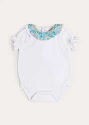 Leontyne Floral Ruffle Collar Lace Detail Bodysuit in Blue Made with Liberty Fabric (1mth-3yrs) Tops & Bodysuits from Pepa London US