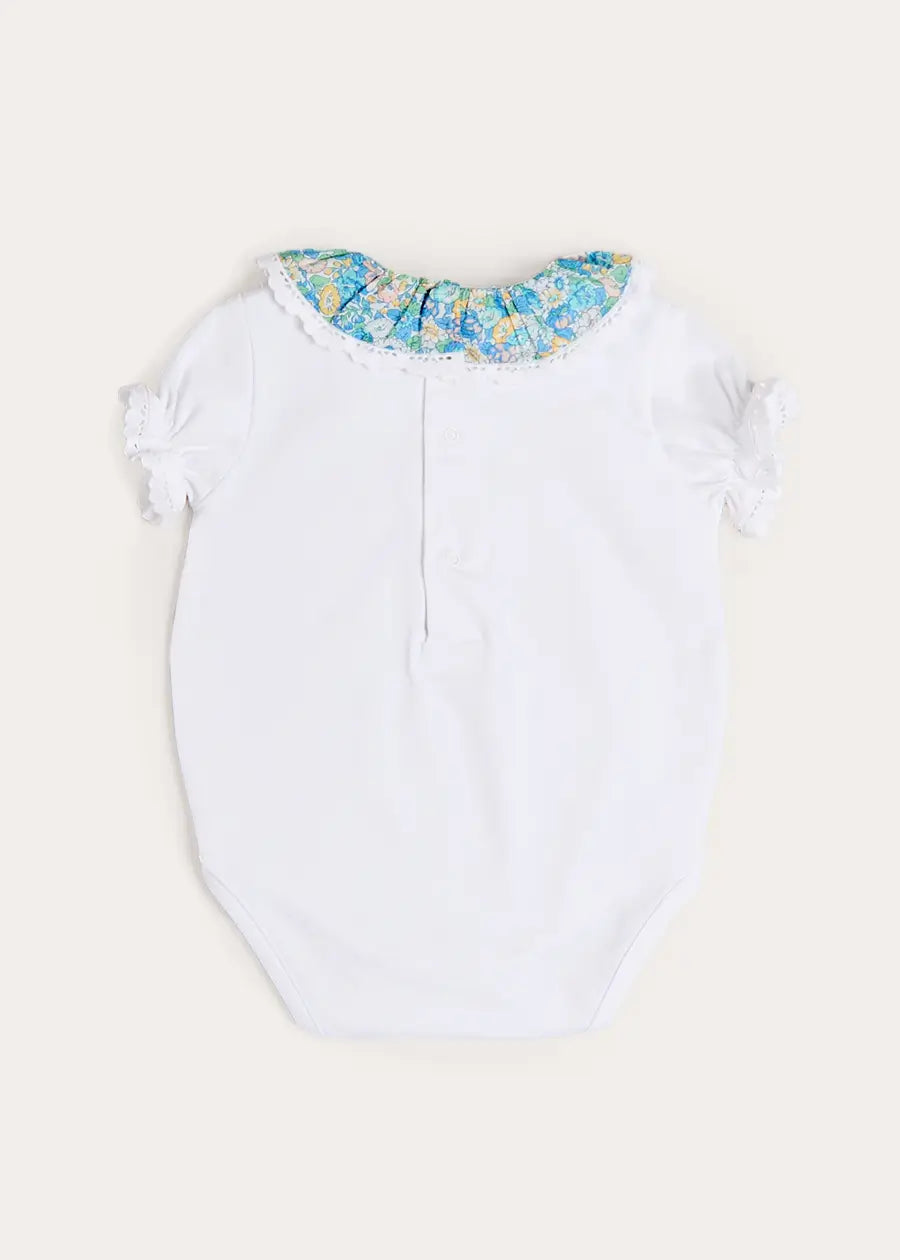 Leontyne Floral Ruffle Collar Lace Detail Bodysuit in Blue Made with Liberty Fabric (1mth-3yrs) Tops & Bodysuits from Pepa London US