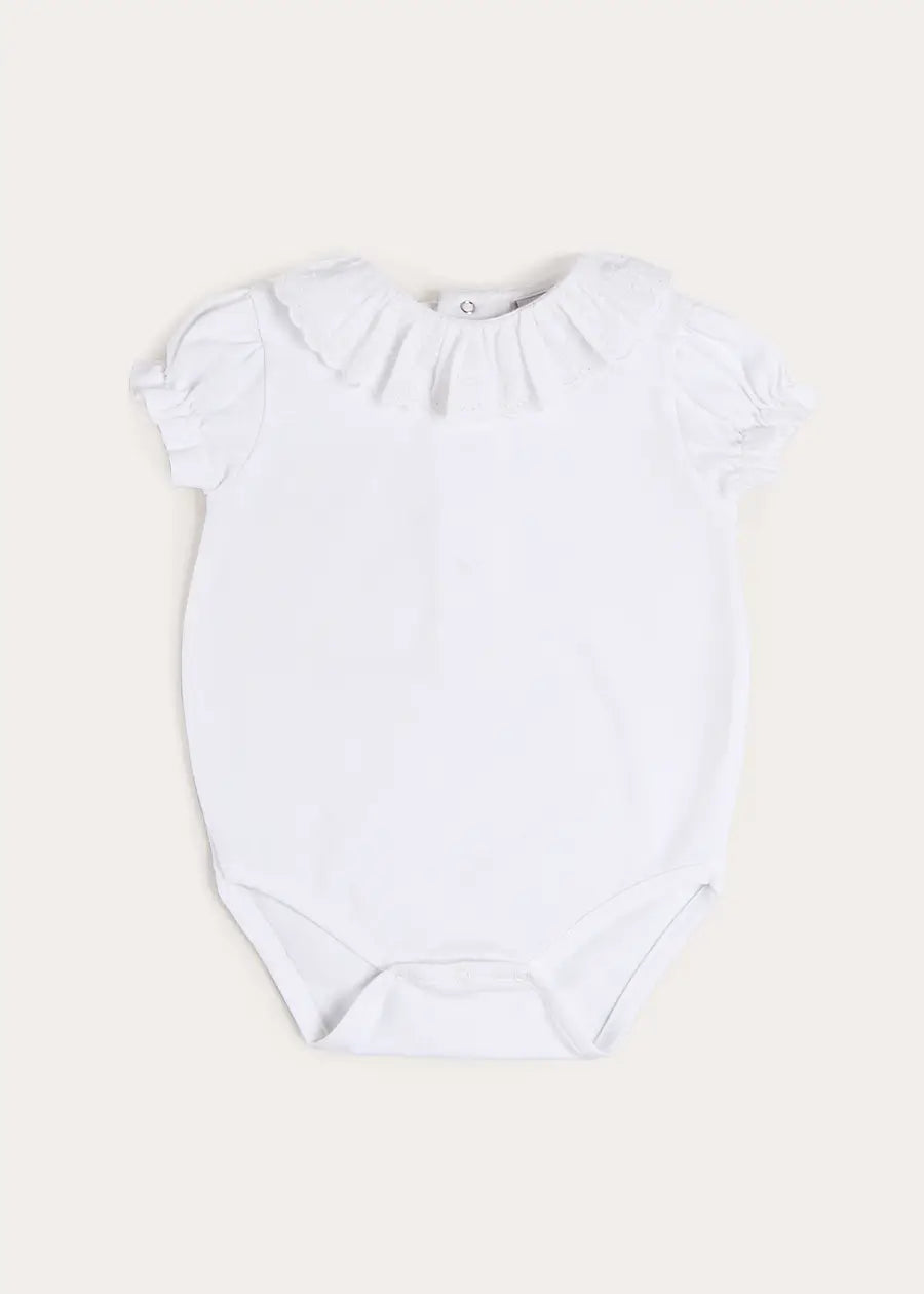 Broderie Anglaise Frill Collar Bodysuit in White (1mth-3yrs) Tops & Bodysuits from Pepa London US