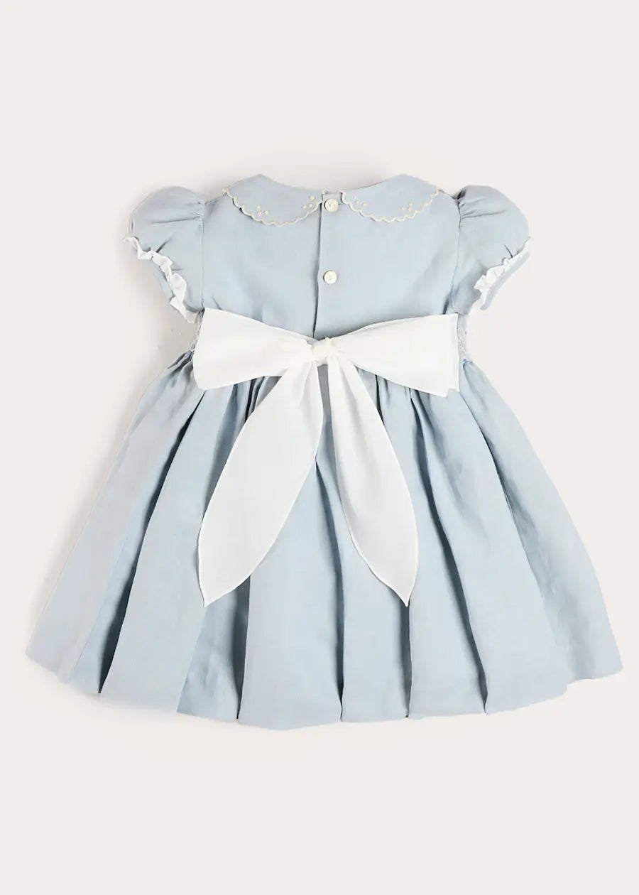 Hand Smocked Peter Pan Collar Short Sleeve Dress in Sky Blue (12mths-10yrs) Dresses from Pepa London US