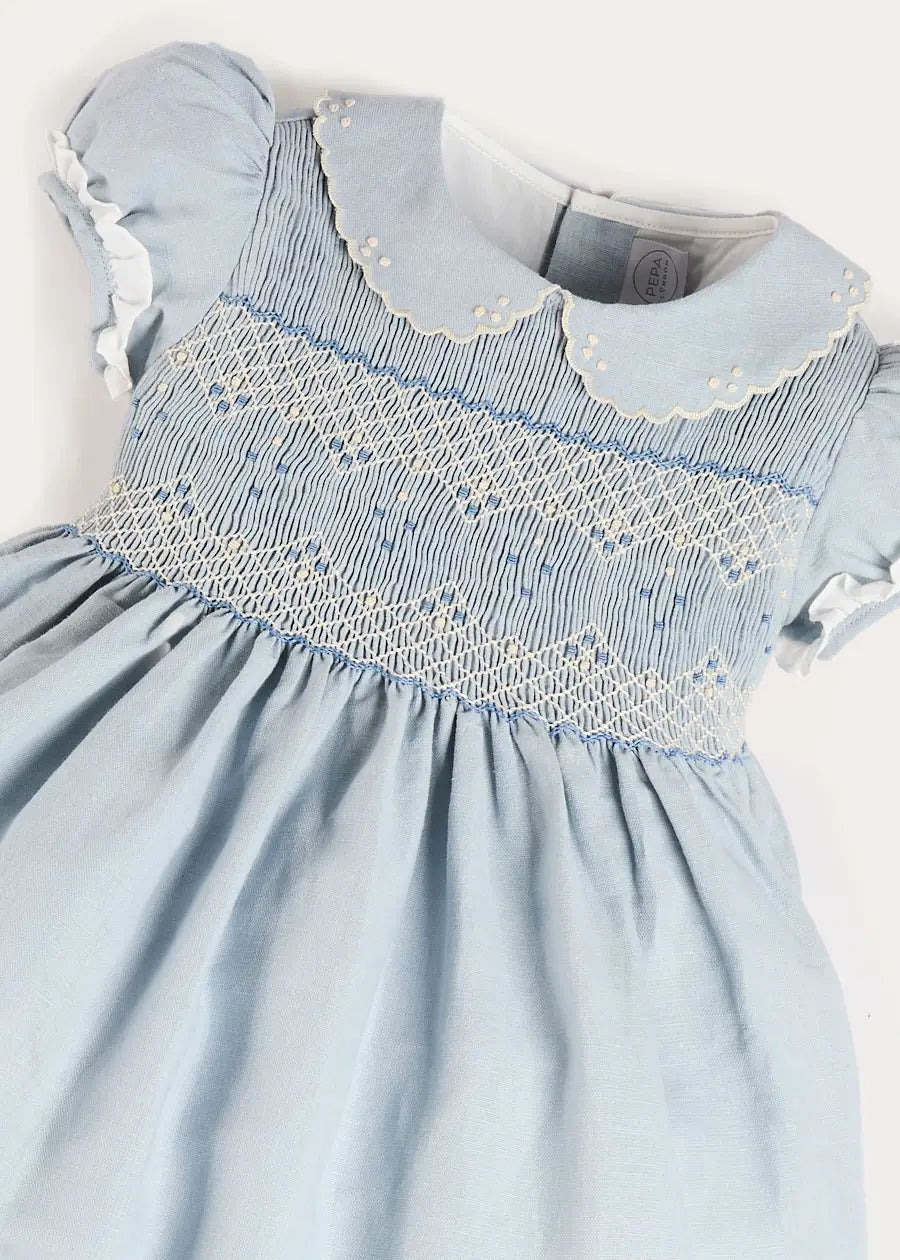 Hand Smocked Peter Pan Collar Short Sleeve Dress in Sky Blue (12mths-10yrs) Dresses from Pepa London US