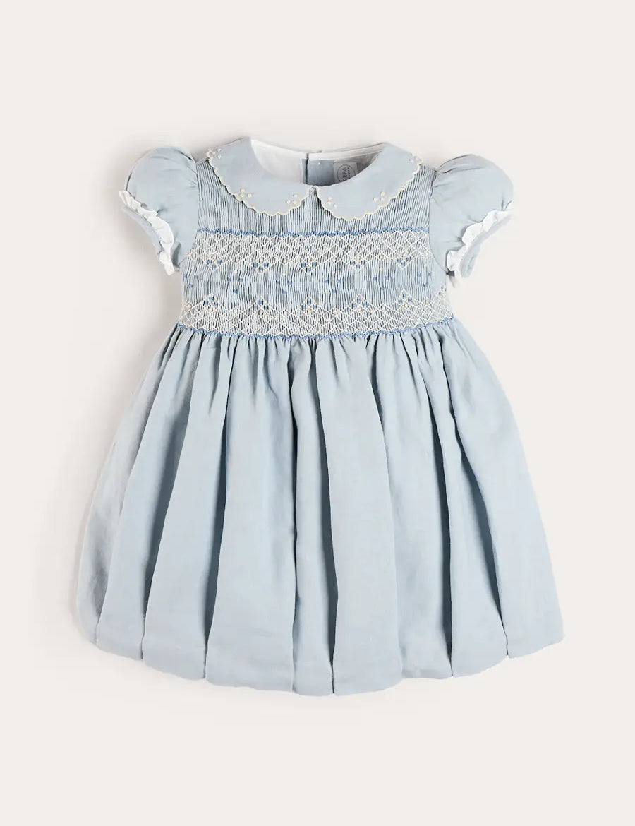Hand Smocked Peter Pan Collar Short Sleeve Dress in Sky Blue (12mths-10yrs) Dresses from Pepa London US