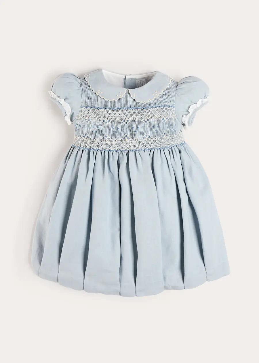 Hand Smocked Peter Pan Collar Short Sleeve Dress in Sky Blue (12mths-10yrs) Dresses from Pepa London US