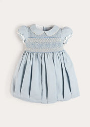 Hand Smocked Peter Pan Collar Short Sleeve Dress in Sky Blue (12mths-10yrs) Dresses from Pepa London US