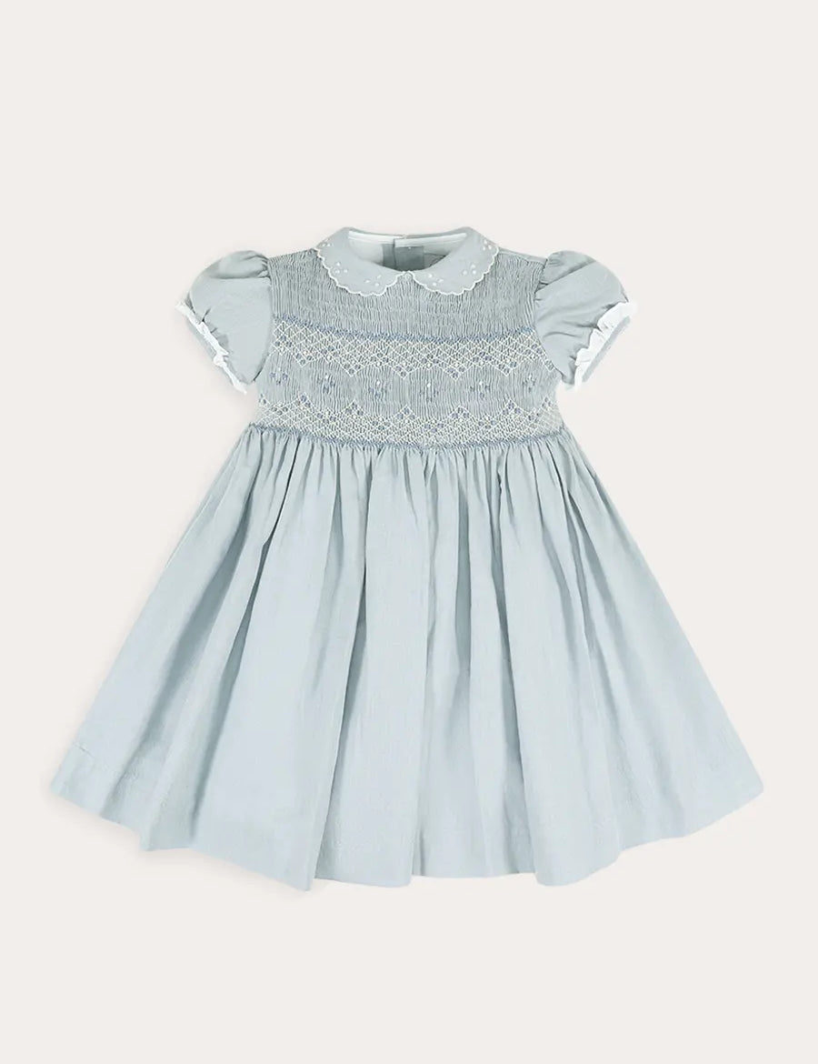 Hand Smocked Peter Pan Collar Short Sleeve Dress in Sky Blue (12mths-10yrs) DRESSES from Pepa London US