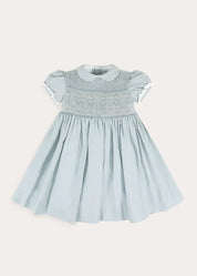 Hand Smocked Peter Pan Collar Short Sleeve Dress in Sky Blue (12mths-10yrs) DRESSES from Pepa London US