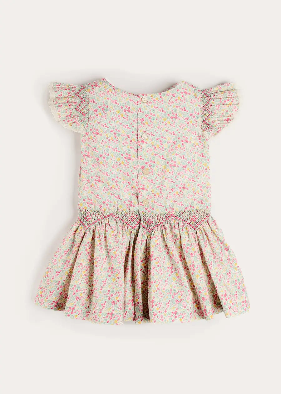 Adelaide Floral Smocked Cap Sleeve Drop Waist Dress in Pink (4-12yrs) Dresses from Pepa London