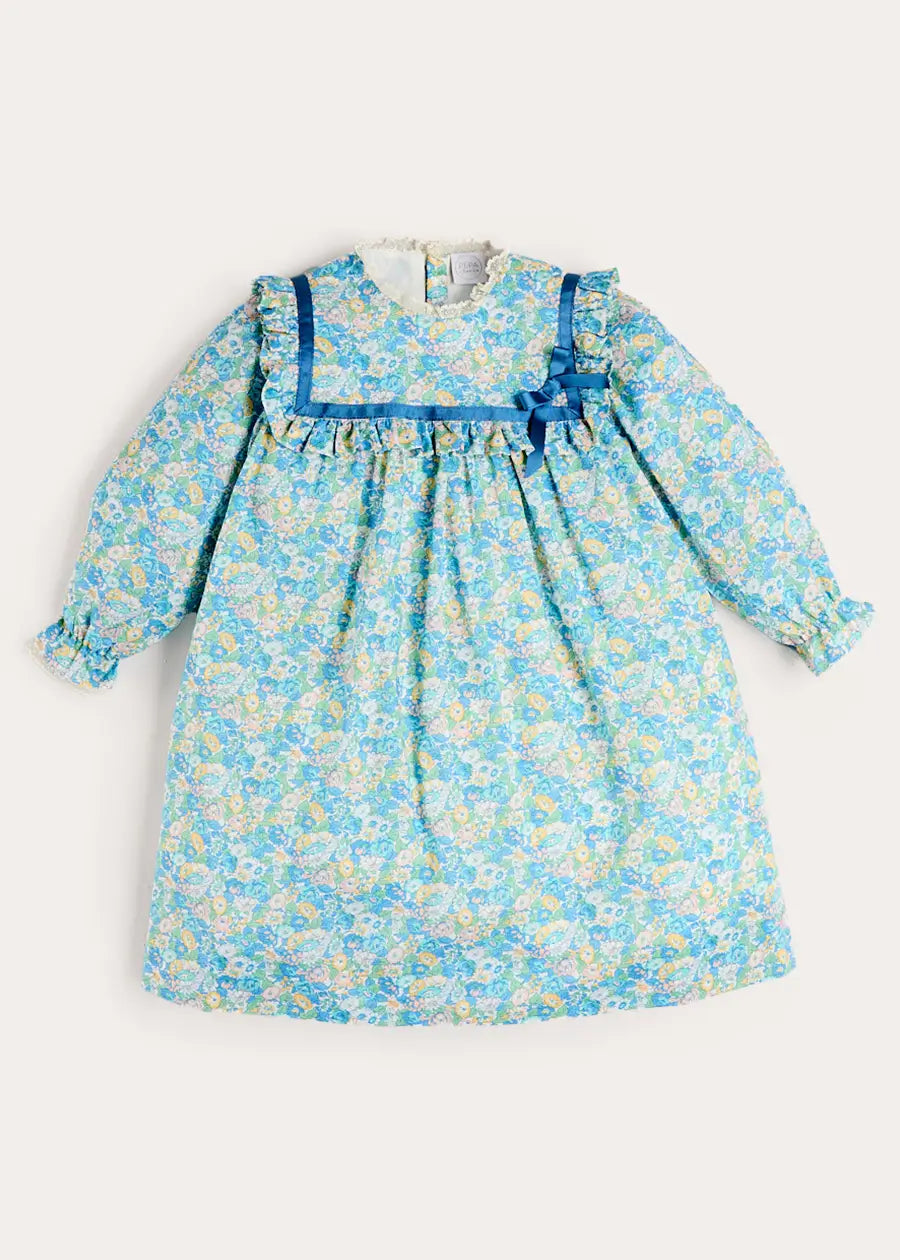 Leontyne Floral Bow Detail Long Sleeve Trapeze Dress in Blue Made with Liberty Fabric (18mths- 10yrs) Dresses from Pepa London
