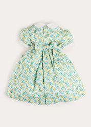 Louisa Floral Hand Smocked Short Sleeve Dress in Blue (18mths- 10yrs) Dresses from Pepa London US