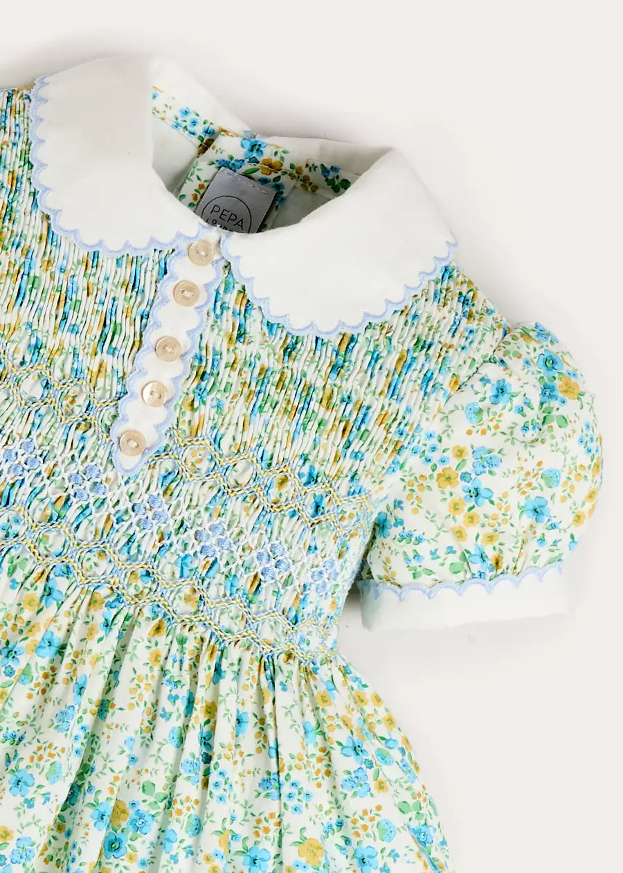 Louisa Floral Hand Smocked Short Sleeve Dress in Blue (18mths- 10yrs) Dresses from Pepa London US
