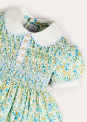 Louisa Floral Hand Smocked Short Sleeve Dress in Blue (18mths- 10yrs) Dresses from Pepa London US