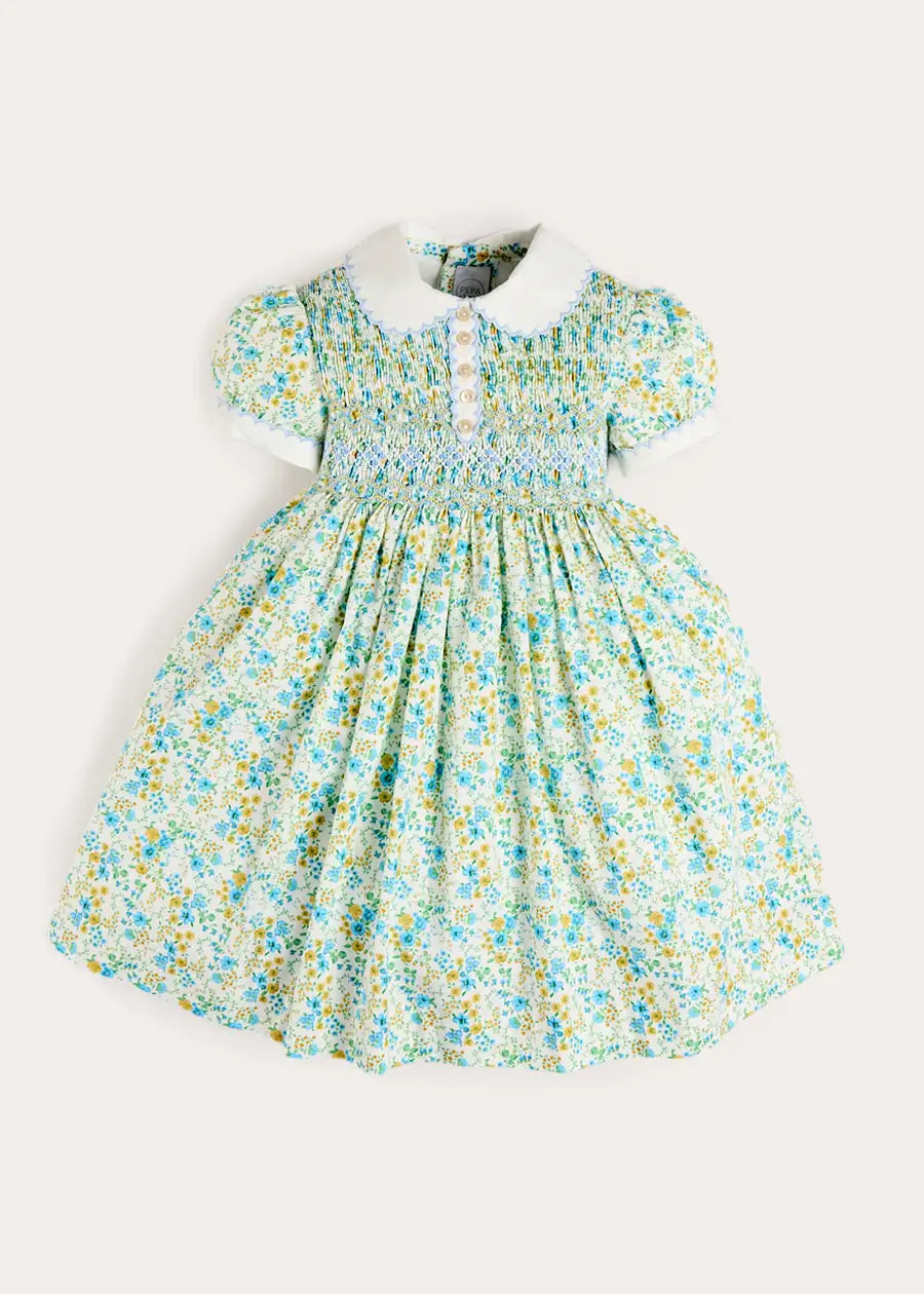 Louisa Floral Hand Smocked Short Sleeve Dress in Blue (18mths- 10yrs) Dresses from Pepa London US