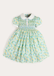Louisa Floral Hand Smocked Short Sleeve Dress in Blue (18mths- 10yrs) Dresses from Pepa London US