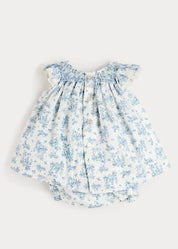 Audrey Toile Capped Sleeve Hand Smocked Dress with Bloomers in Blue (3-12mths) Dresses from Pepa London
