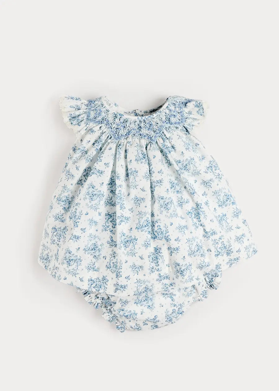 Audrey Toile Capped Sleeve Hand Smocked Dress with Bloomers in Blue (3-12mths) Dresses from Pepa London