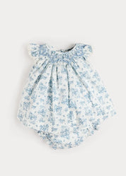 Audrey Toile Capped Sleeve Hand Smocked Dress with Bloomers in Blue (3-12mths) Dresses from Pepa London