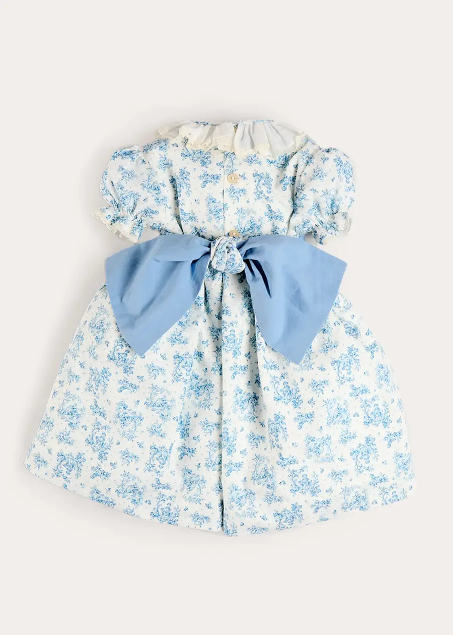 Audrey Toile Hand Smocked Ruffle Collar Short Sleeve Dress in Blue (12mths- 10yrs) DRESSES from Pepa London US