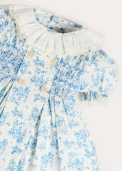 Audrey Toile Hand Smocked Ruffle Collar Short Sleeve Dress in Blue (12mths- 10yrs) DRESSES from Pepa London US