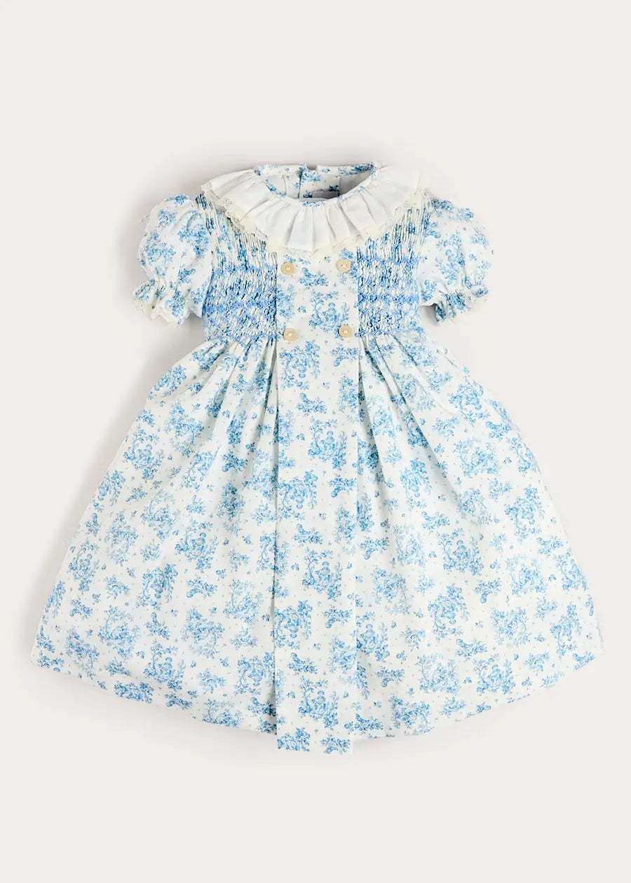 Audrey Toile Hand Smocked Ruffle Collar Short Sleeve Dress in Blue (12mths- 10yrs) DRESSES from Pepa London US