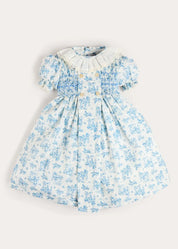 Audrey Toile Hand Smocked Ruffle Collar Short Sleeve Dress in Blue (12mths- 10yrs) DRESSES from Pepa London US