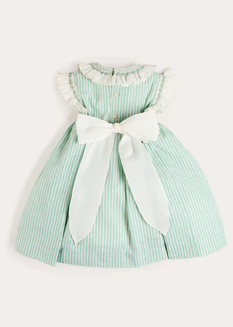 Wimbledon Stripe Hand Smocked Frill Collar Cap Sleeve Dress in Green (12mths- 10yrs) DRESSES from Pepa London US