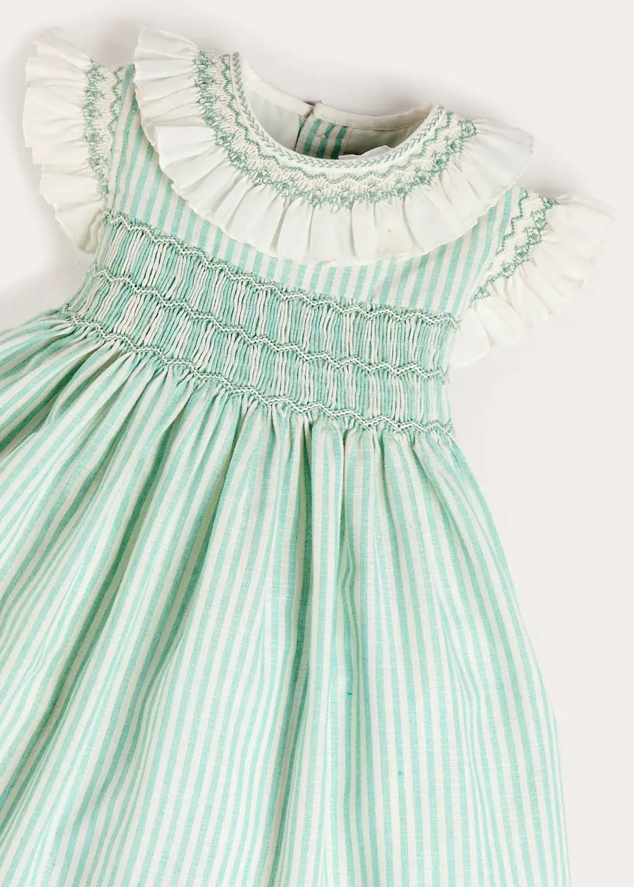 Wimbledon Stripe Hand Smocked Frill Collar Cap Sleeve Dress in Green (12mths- 10yrs) DRESSES from Pepa London US