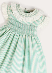 Wimbledon Stripe Hand Smocked Frill Collar Cap Sleeve Dress in Green (12mths- 10yrs) DRESSES from Pepa London US