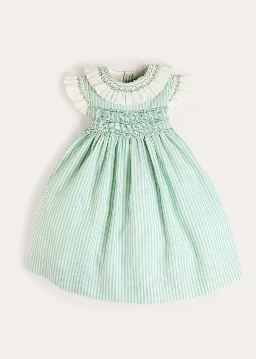 Wimbledon Stripe Hand Smocked Frill Collar Cap Sleeve Dress in Green (12mths- 10yrs) DRESSES from Pepa London US