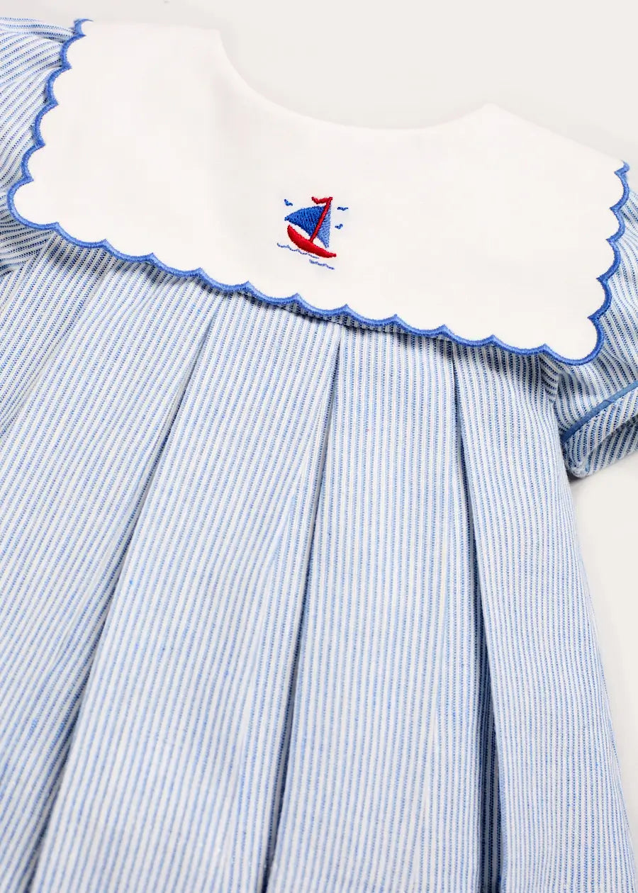 Alexander Stripe Mariner Collar Embroidered Boat Detail Dress with Bloomers in Blue (6mths-3yrs) DRESSES from Pepa London US