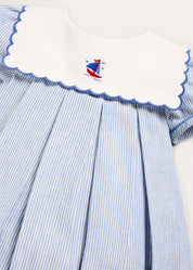 Alexander Stripe Mariner Collar Embroidered Boat Detail Dress with Bloomers in Blue (6mths-3yrs) DRESSES from Pepa London US