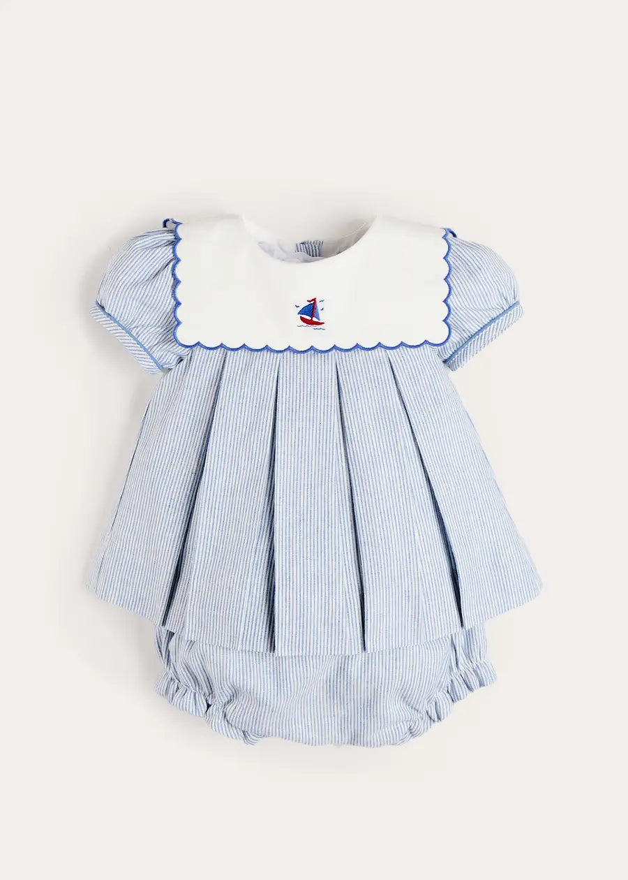 Alexander Stripe Mariner Collar Embroidered Boat Detail Dress with Bloomers in Blue (6mths-3yrs) DRESSES from Pepa London US