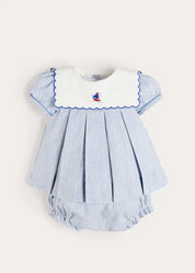 Alexander Stripe Mariner Collar Embroidered Boat Detail Dress with Bloomers in Blue (6mths-3yrs) DRESSES from Pepa London US