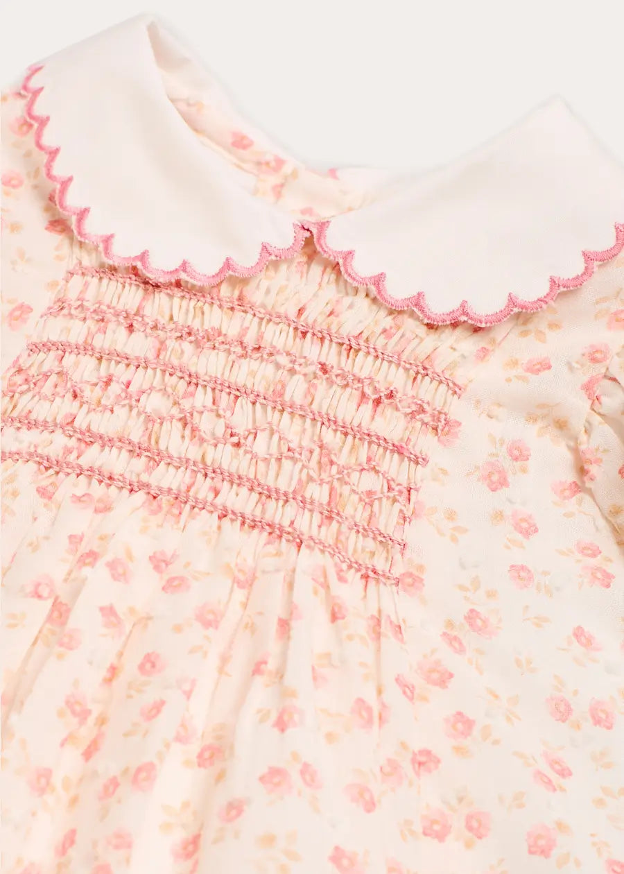 Martha Floral Hand Smocked Cap Sleeve Scallop Collar Dress in Pink (1-9mths) Dresses from Pepa London