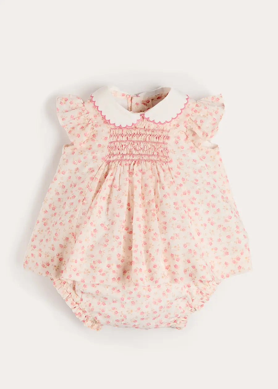 Martha Floral Hand Smocked Cap Sleeve Scallop Collar Dress in Pink (1-9mths) Dresses from Pepa London