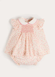 Martha Floral Hand Smocked Cap Sleeve Scallop Collar Dress in Pink (1-9mths) Dresses from Pepa London