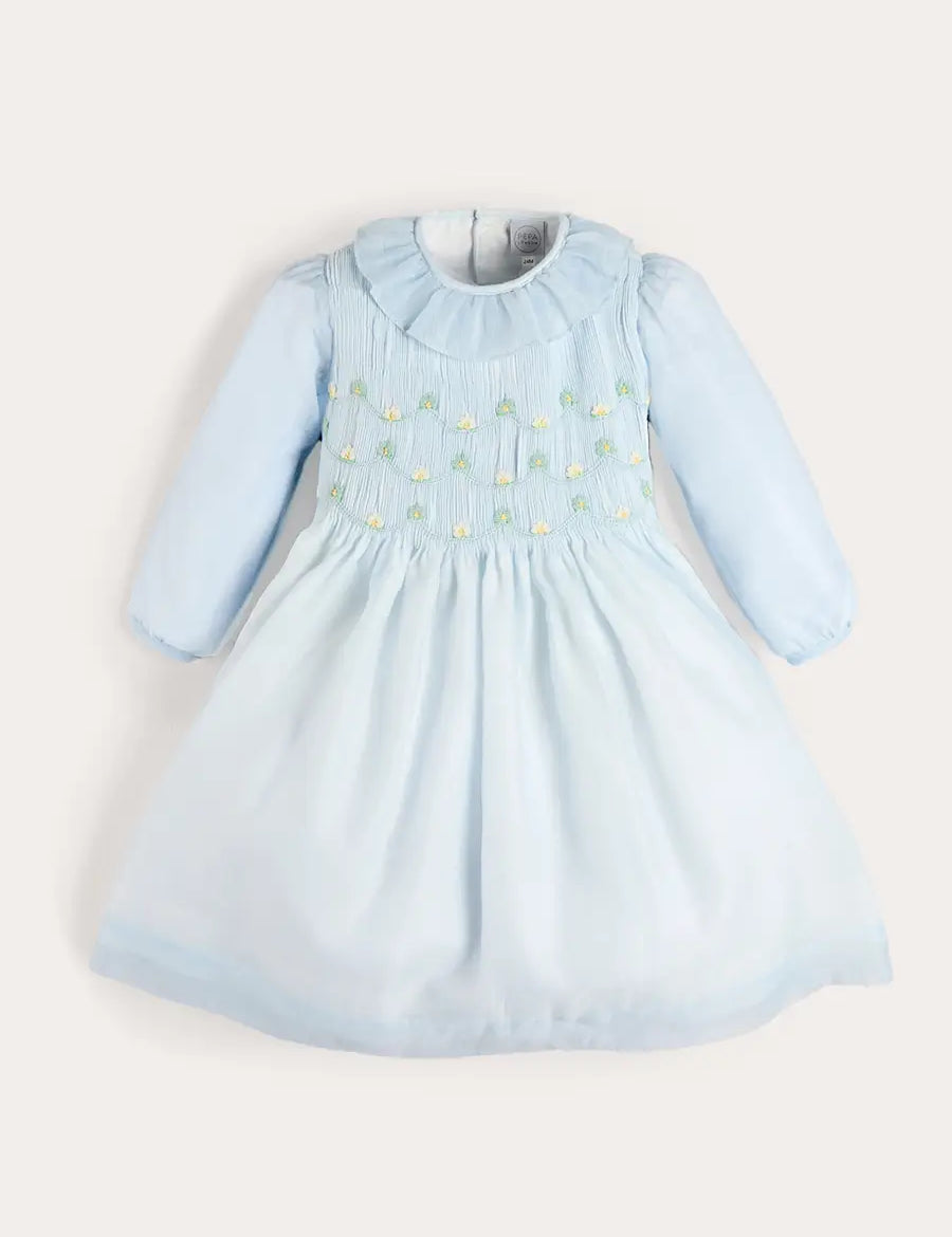 Daisy Embroidered Hand Smocked Long Sleeve Dress in Blue (18mths-8yrs) DRESSES from Pepa London US