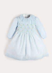 Daisy Embroidered Hand Smocked Long Sleeve Dress in Blue (18mths-8yrs) Dresses from Pepa London