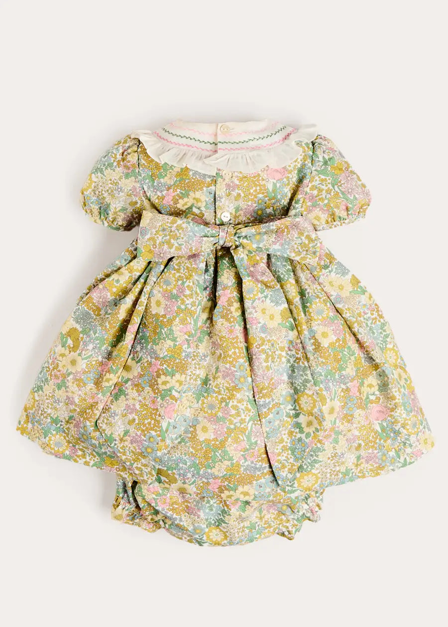 Charlotte Floral Hand Smocked Embroidered Collar Short Sleeve Dress With Bloomers in Green (6mths-3yrs) Dresses from Pepa London US