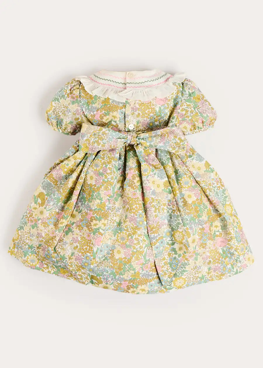Charlotte Floral Hand Smocked Embroidered Collar Short Sleeve Dress in Green (4-8yrs) Dresses from Pepa London US