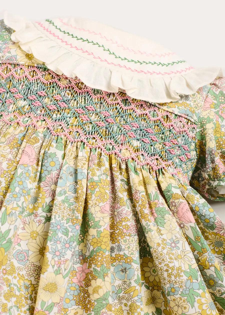 Charlotte Floral Hand Smocked Embroidered Collar Short Sleeve Dress in Green (4-8yrs) Dresses from Pepa London US