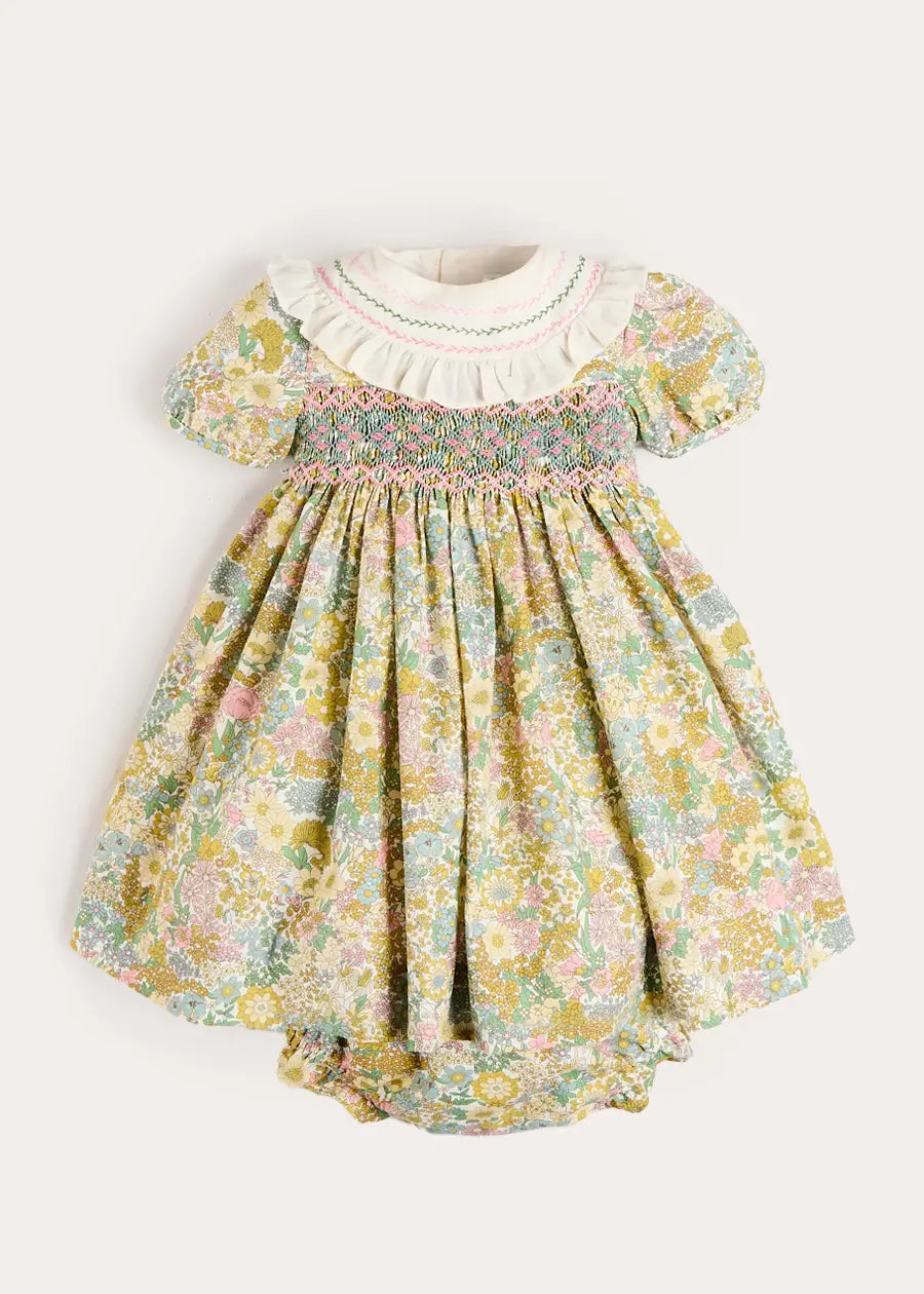Charlotte Floral Hand Smocked Embroidered Collar Short Sleeve Dress With Bloomers in Green (6mths-3yrs) Dresses from Pepa London US
