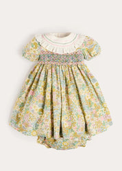 Charlotte Floral Hand Smocked Embroidered Collar Short Sleeve Dress With Bloomers in Green (6mths-3yrs) Dresses from Pepa London US