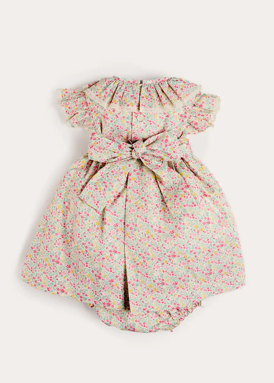 Adelaide Floral Hand Smocked Ruffle Collar Cap Sleeve Dress With Bloomers in Pink (12mths-6yrs) Dresses from Pepa London US