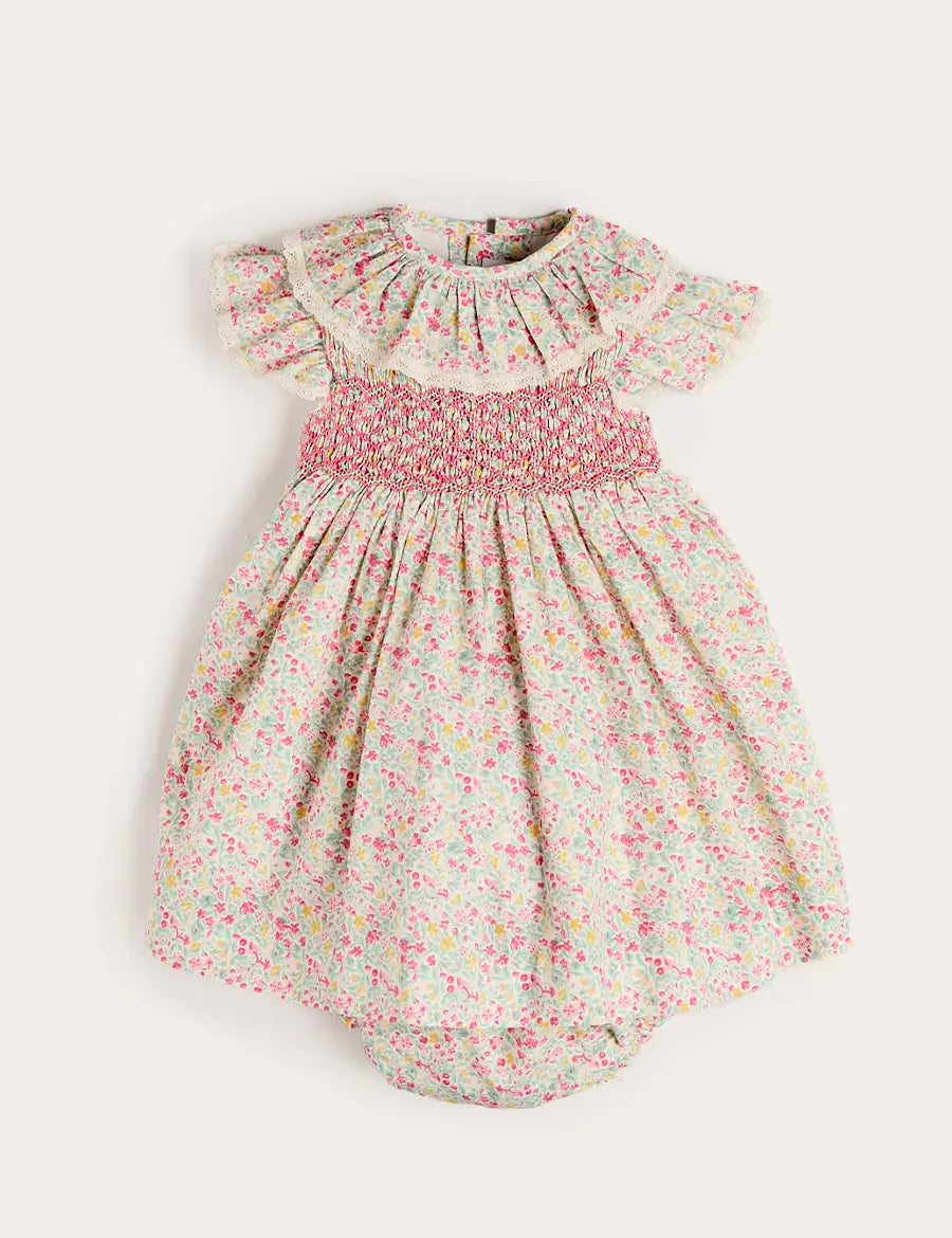 Adelaide Floral Hand Smocked Ruffle Collar Cap Sleeve Dress in Pink (12mths-6yrs) DRESSES from Pepa London US