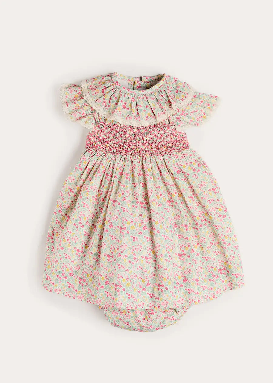 Adelaide Floral Hand Smocked Ruffle Collar Cap Sleeve Dress With Bloomers in Pink (12mths-6yrs) Dresses from Pepa London US
